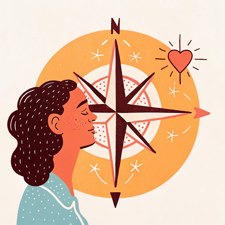 A compass rose pointing toward a small heart